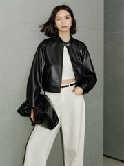 Women's Cropped Stand-Collar Moto PU Jacket