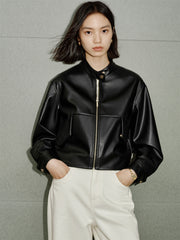 Women's Cropped Stand-Collar Moto PU Jacket