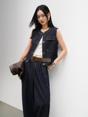 Women's Sleeveless Denim Vest with Contrast Stitching