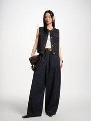 Women's Sleeveless Denim Vest with Contrast Stitching