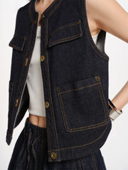 Women's Sleeveless Denim Vest with Contrast Stitching