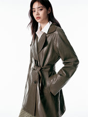 Women's Mid-Length Trench-Style PU Jacket