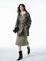 Women's Mid-Length Trench-Style PU Jacket