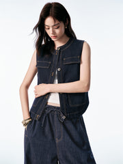 Women's Sleeveless Denim Vest with Contrast Stitching