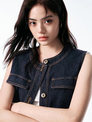 Women's Sleeveless Denim Vest with Contrast Stitching