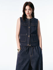 Women's Sleeveless Denim Vest with Contrast Stitching