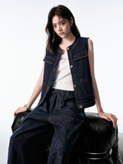 Women's Sleeveless Denim Vest with Contrast Stitching
