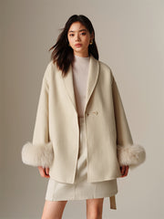 Women's Wool Coat with Detachable Fox Fur Cuffs