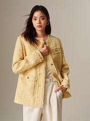 Women's Tweed-Texture Padded Jacket with Raw Edges