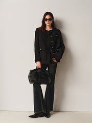 Women's Tweed-Texture Padded Jacket with Raw Edges