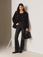 Women's Tweed-Texture Padded Jacket with Raw Edges