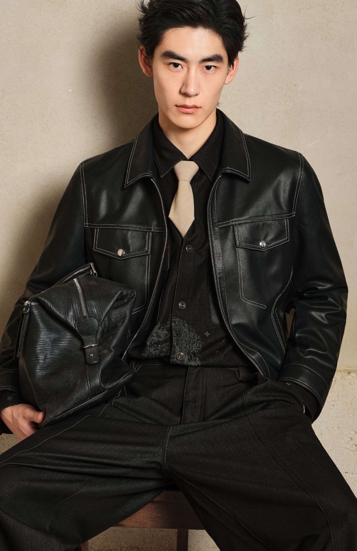 Men's Contrast-Stitch PU Leather Jacket