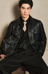Men's Contrast-Stitch PU Leather Jacket