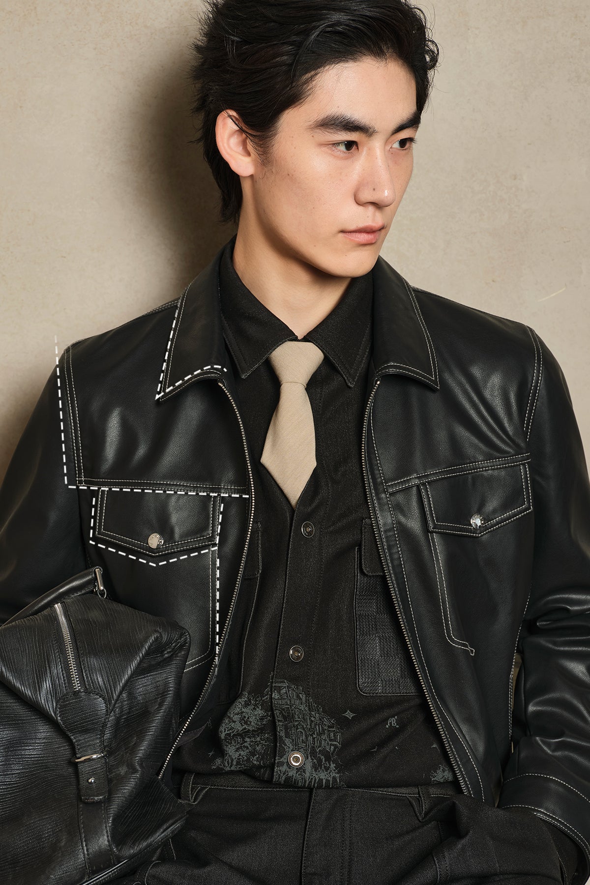 Men's Contrast-Stitch PU Leather Jacket