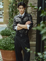 Men's Epaulet Shirt-Style Leather Jacket