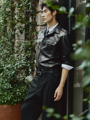 Men's Epaulet Shirt-Style Leather Jacket