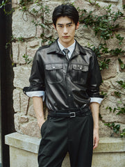 Men's Epaulet Shirt-Style Leather Jacket