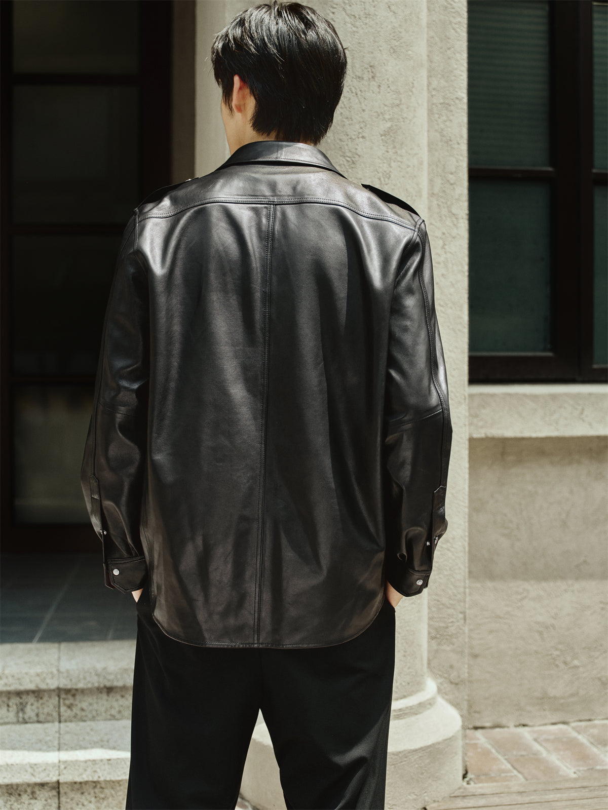 Men's Epaulet Shirt-Style Leather Jacket