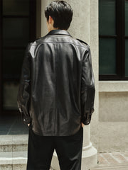 Men's Epaulet Shirt-Style Leather Jacket