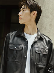 Men's Epaulet Shirt-Style Leather Jacket