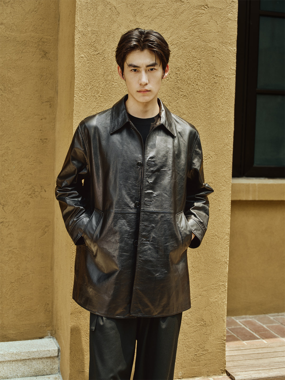 Men's Mid-Length Trench-Style Leather Coat