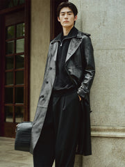 Men's Long Double-Breasted Leather Coat