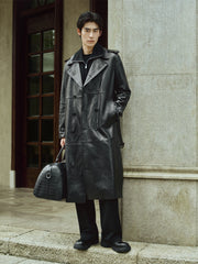 Men's Long Double-Breasted Leather Coat