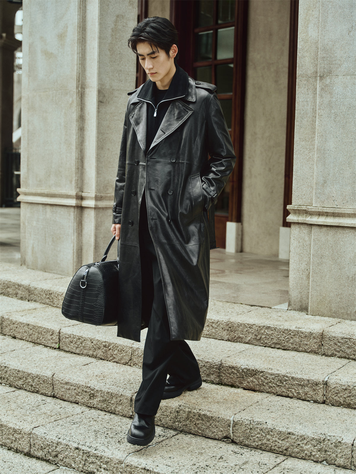 Men's Long Double-Breasted Leather Coat