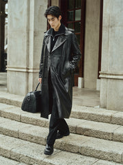 Men's Long Double-Breasted Leather Coat