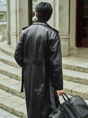 Men's Long Double-Breasted Leather Coat