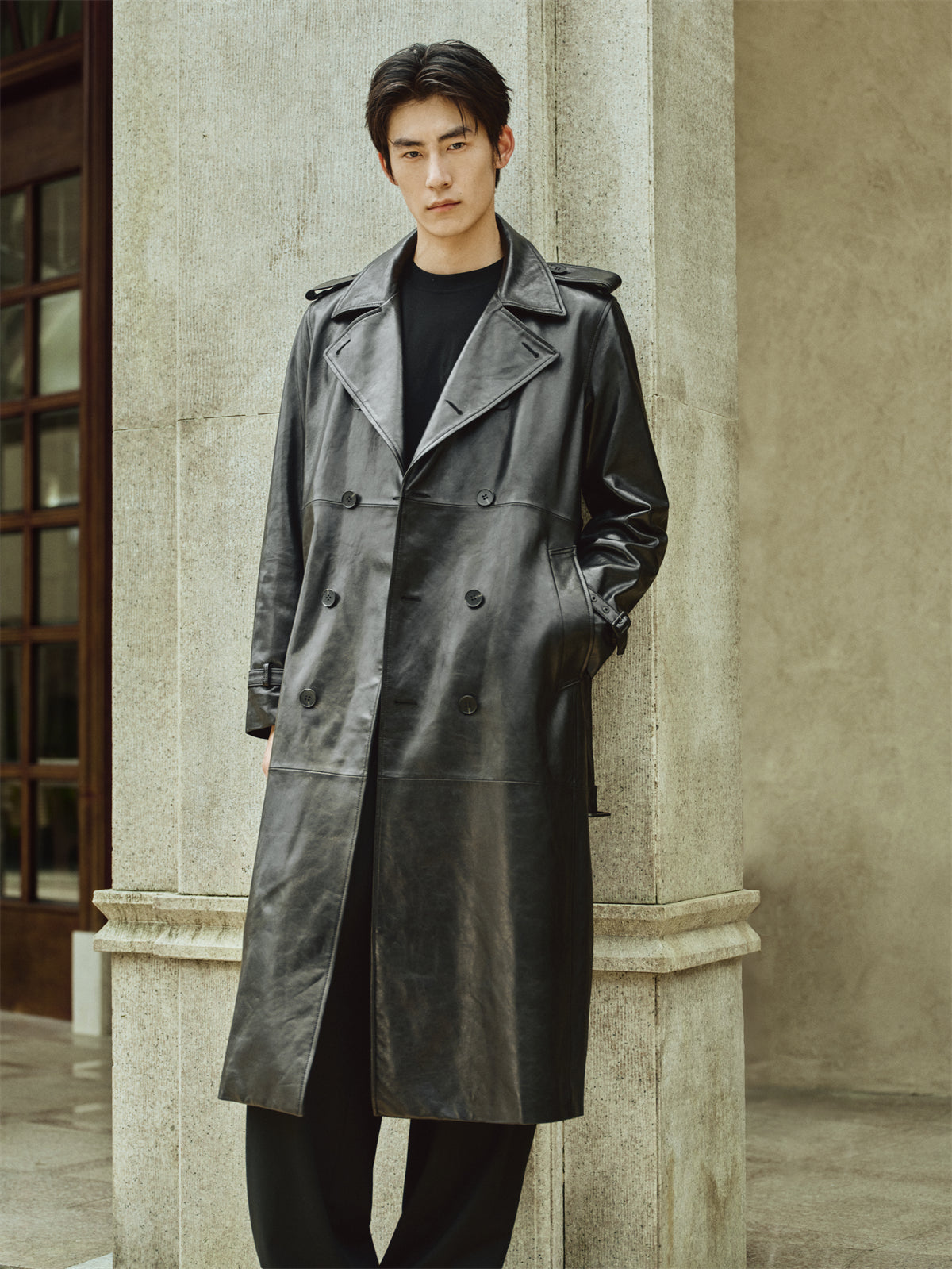 Men's Long Double-Breasted Leather Coat