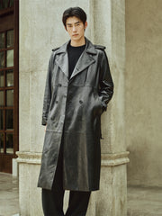Men's Long Double-Breasted Leather Coat