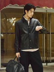 Men's Embossed Short Leather Jacket with Down Liner
