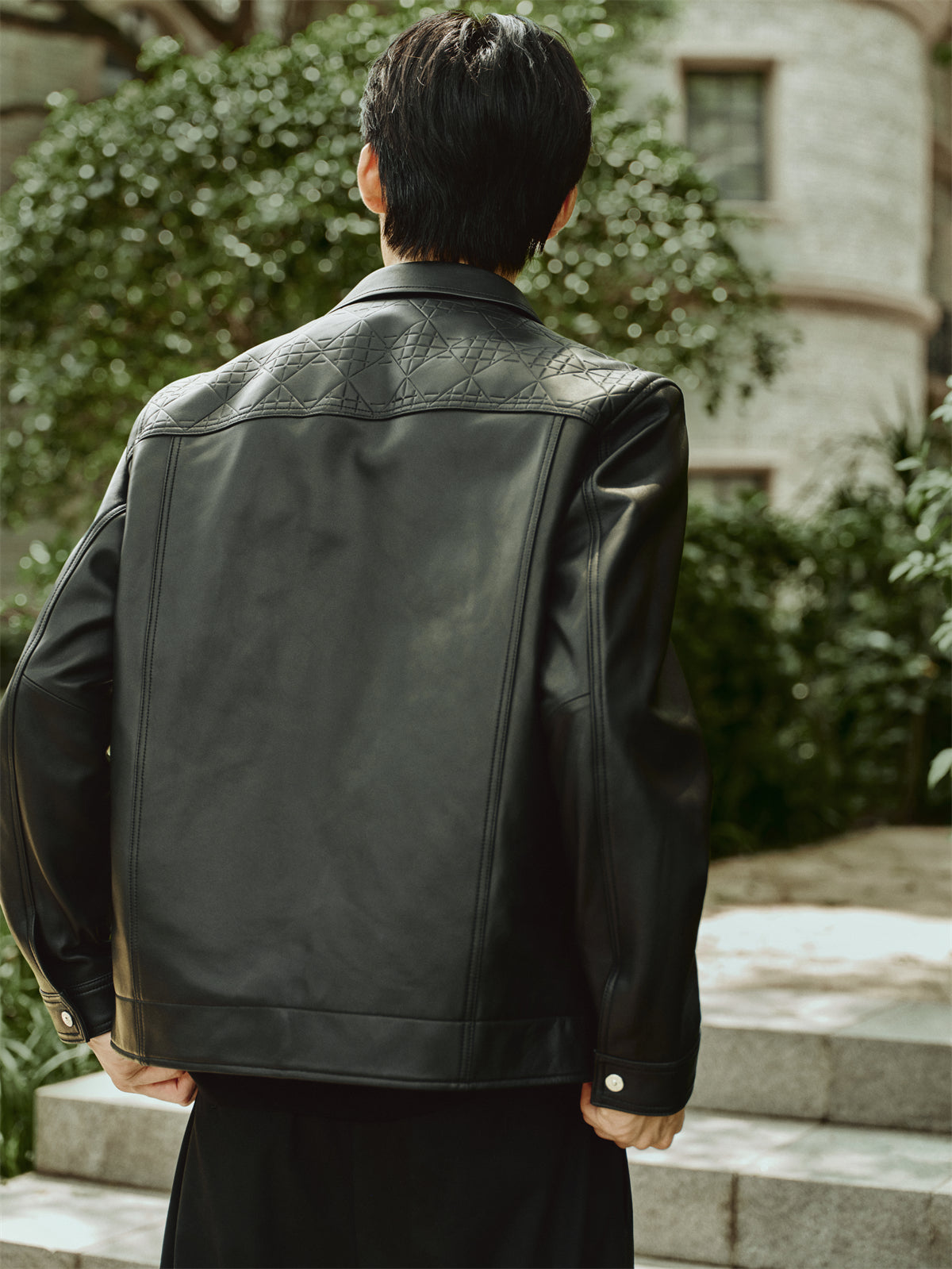 Men's Embossed Short Leather Jacket with Down Liner