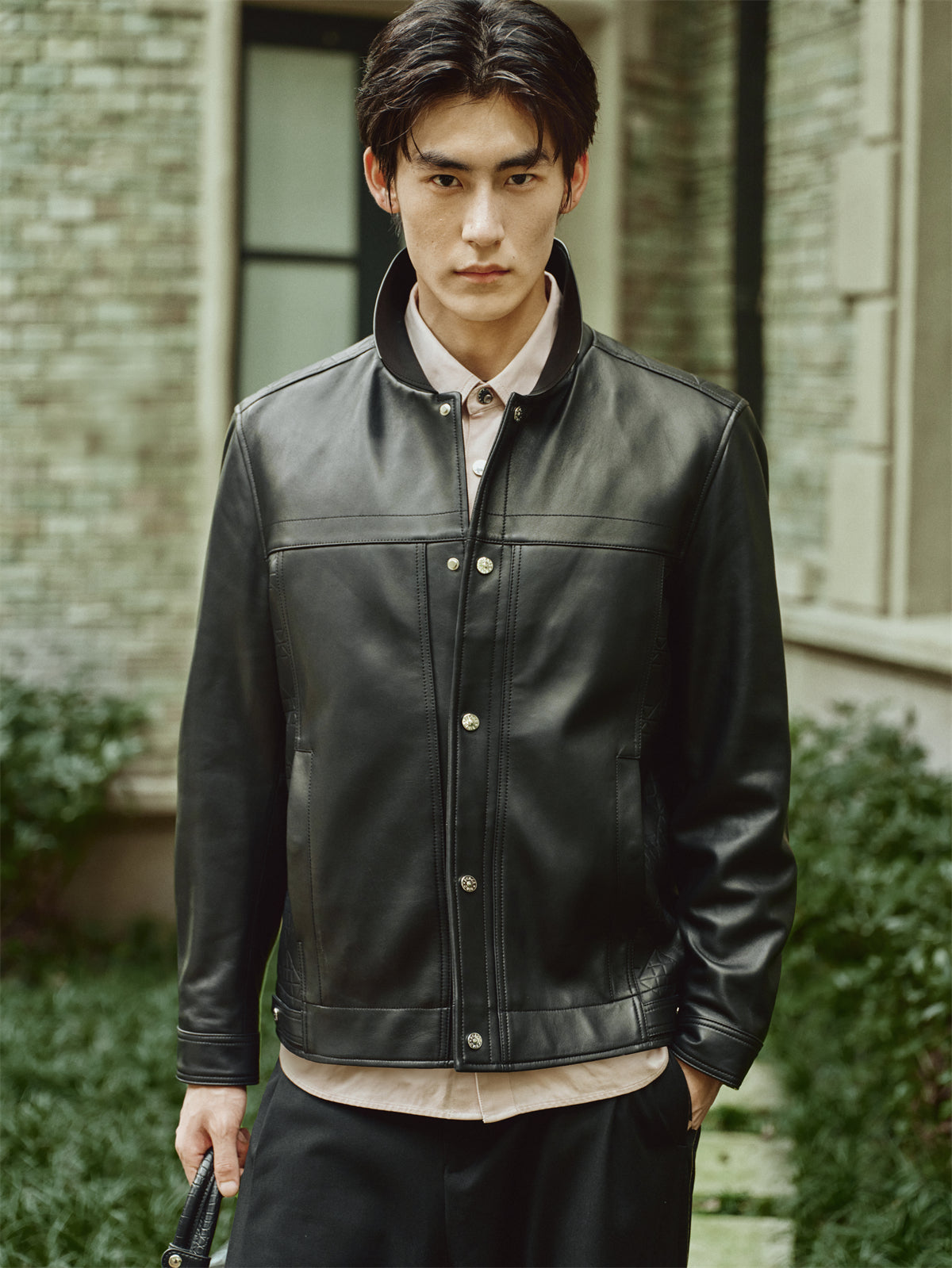 Men's Embossed Short Leather Jacket with Down Liner