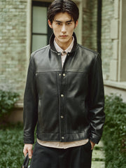 Men's Embossed Short Leather Jacket with Down Liner