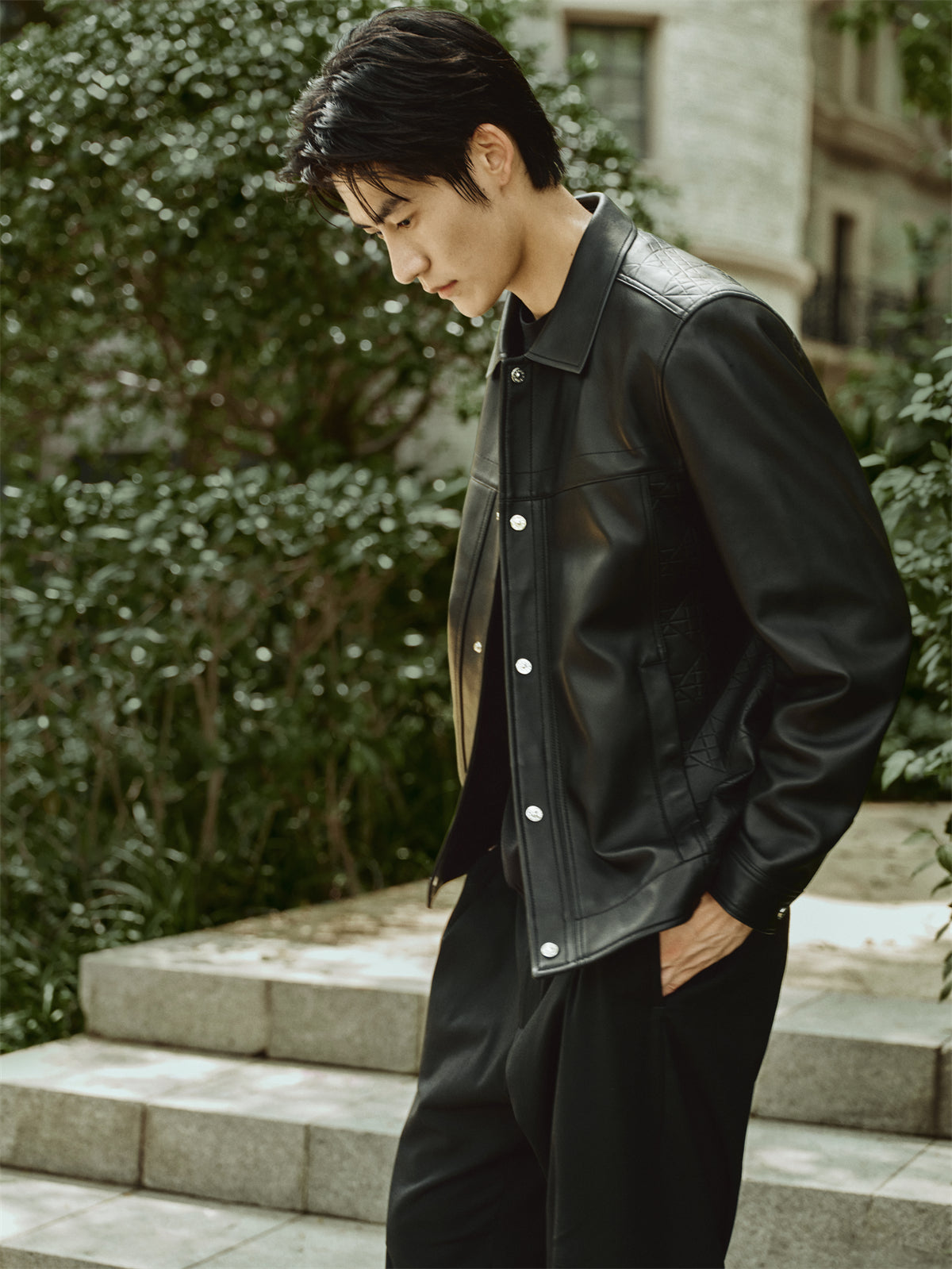 Men's Embossed Short Leather Jacket with Down Liner