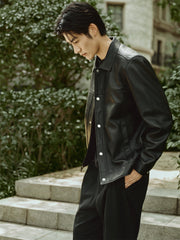 Men's Embossed Short Leather Jacket with Down Liner
