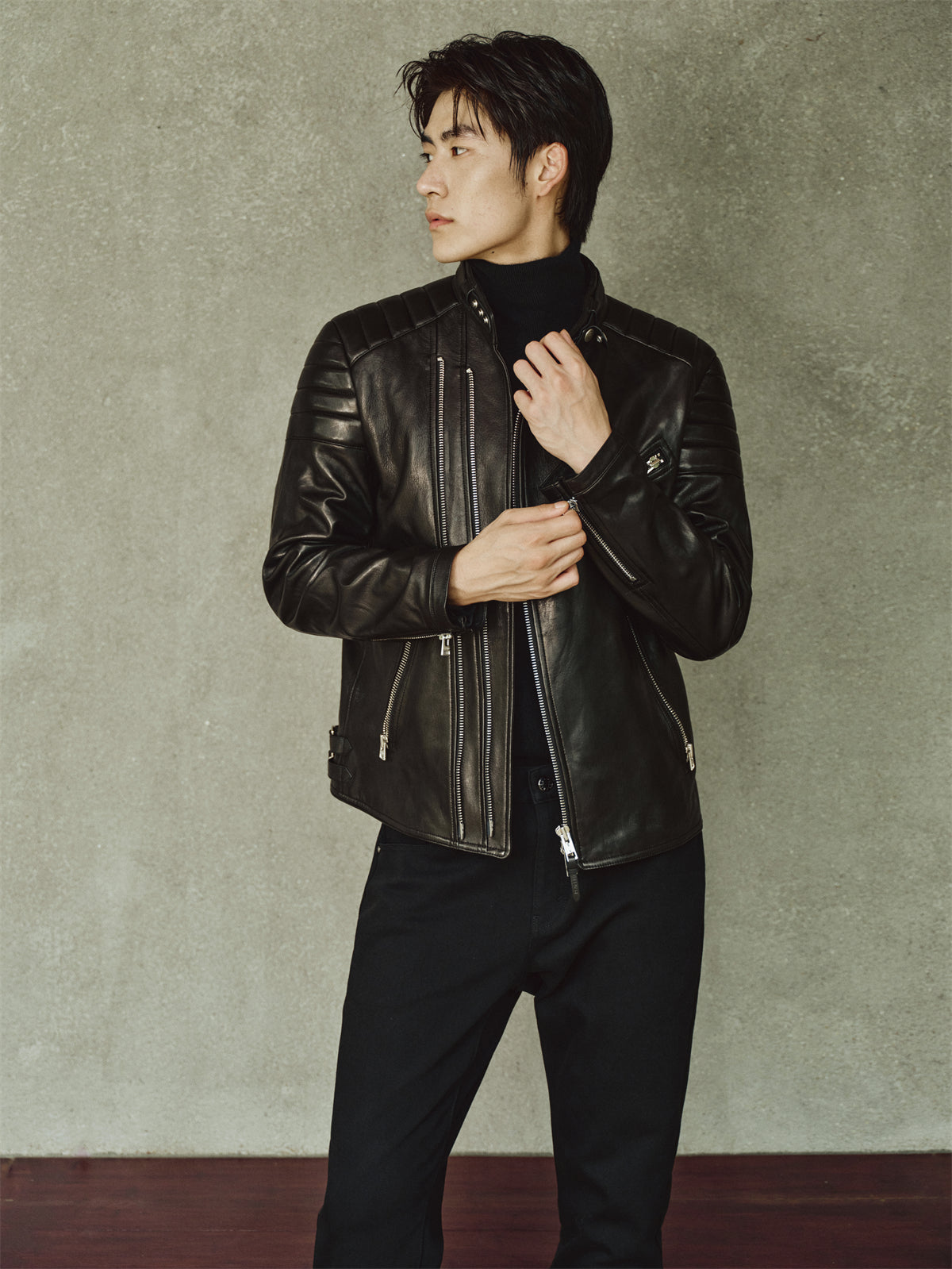 Men's Zip-Detail Moto Leather Jacket