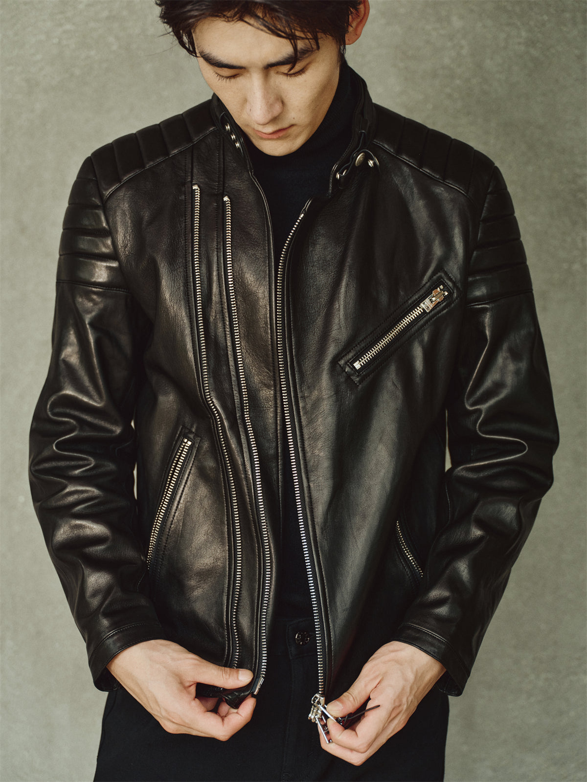 Men's Zip-Detail Moto Leather Jacket
