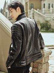 Men's Zip-Detail Moto Leather Jacket