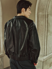 Men's Short Cuban-Collar Leather Jacket