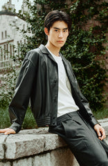 Men's Short Cuban-Collar Leather Jacket