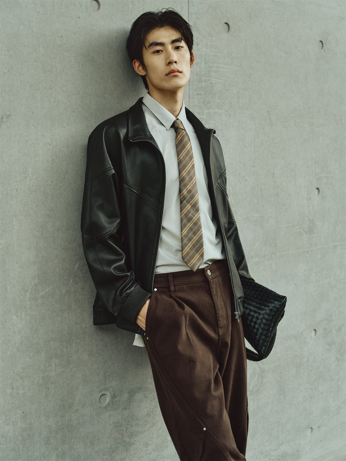 Men's Brown Stand-Collar Leather Jacket