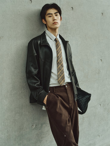 Men's Brown Stand-Collar Leather Jacket