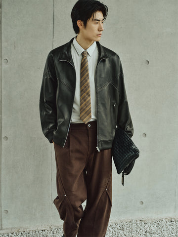 Men's Brown Stand-Collar Leather Jacket