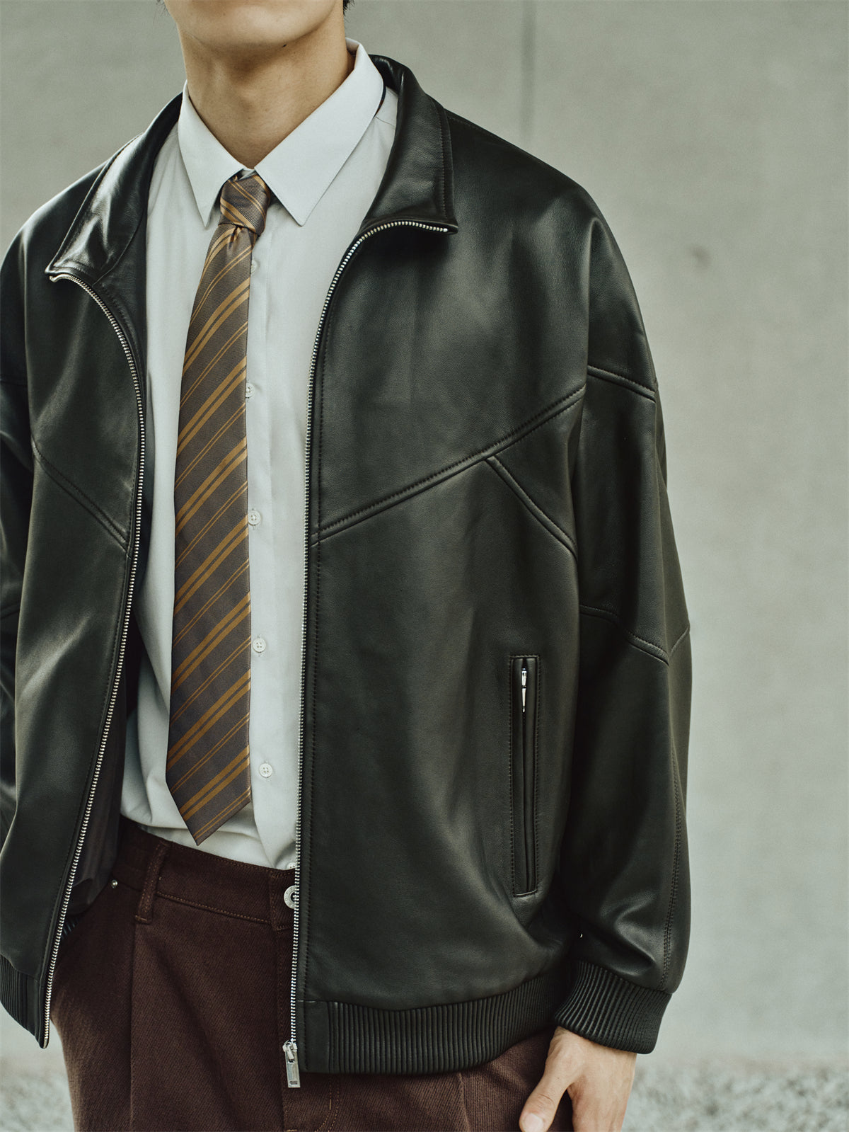 Men's Brown Stand-Collar Leather Jacket
