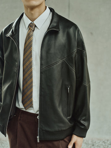 Men's Brown Stand-Collar Leather Jacket