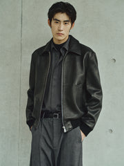 Men's Contrast Short Leather Bomber Jacket