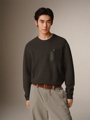 Men's Solid Knit Sweater with PU Pocket